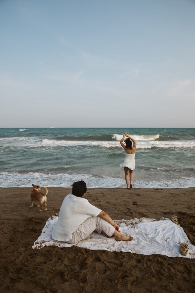 A person sits on a blanket on the beach with a dog nearby, while another person stands at the shoreline facing the ocean, arms raised. Waves roll in under a clear sky.